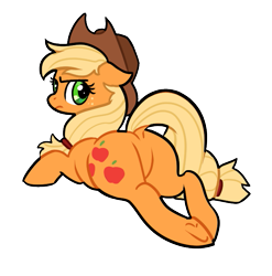 Size: 661x670 | Tagged: safe, artist:melligine, applejack, earth pony, pony, g4, applebutt, applejack is not amused, applejack's hat, butt, cowboy hat, dock, featureless crotch, floppy ears, frown, hat, looking at you, looking back, looking back at you, lying down, plot, prone, simple background, solo, transparent background, unamused, underhoof