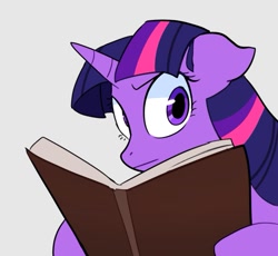 Size: 927x851 | Tagged: safe, artist:melligine, twilight sparkle, pony, unicorn, g4, book, concerned, floppy ears, frown, looking at you, solo, twilight sparkle is not amused, unamused, unicorn twilight