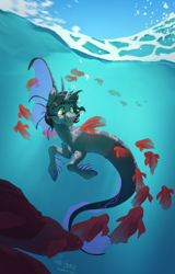 Size: 1600x2500 | Tagged: safe, artist:joan-grace, fish, siren, bubble, commission, curved horn, fins, fish tail, horn, kellin quinn, male, ponified, scales, signature, sleeping with sirens, slit pupils, solo, underwater, ych result