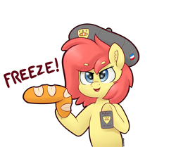 Size: 4000x3343 | Tagged: safe, artist:yelowcrom, oc, oc only, oc:brushie, earth pony, pony, baguette, beanbrows, bipedal, bread, clothes, ear fluff, eyebrows, eyebrows visible through hair, female, food, mare, simple background, solo, text, white background