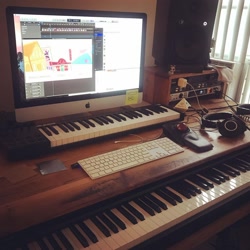 Size: 1080x1080 | Tagged: safe, photographer:jess furman, g4.5, my little pony: pony life, the great cowgirl hat robbery, alesis, behind the scenes, composer, headphones, imac, instagram, irl, jess furman, keyboard, logic pro, musical instrument, no pony, photo, piano, speaker, sticky note, trackball, universal audio