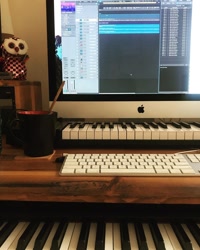 Size: 1080x1350 | Tagged: safe, photographer:jess furman, g4.5, magical mare-story tour, my little pony: pony life, alesis, beanie babies, behind the scenes, composer, imac, instagram, irl, jess furman, keyboard, logic pro, mug, musical instrument, no pony, photo, piano