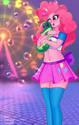 Size: 1245x1968 | Tagged: safe, artist:xjenn9, gummy, pinkie pie, equestria girls, g4, belly button, blushing, bubble, clothes, commission, happy, hug, microskirt, midriff, miniskirt, one eye closed, skirt, smiling, socks, stockings, thigh highs, thigh socks, top, zettai ryouiki