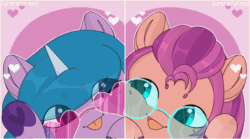 Size: 2000x1108 | Tagged: safe, alternate character, alternate version, artist:auroracursed, izzy moonbow, sunny starscout, earth pony, pony, unicorn, g5, my little pony: a new generation, animated, cute, duo, duo female, eye clipping through hair, eyebrows, eyebrows visible through hair, female, gif, glasses, heart, hoof heart, icon, izzybetes, mare, open mouth, sunnybetes, tongue out, underhoof, unshorn fetlocks, upside-down hoof heart