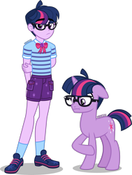 Size: 3019x4000 | Tagged: safe, alternate version, artist:orin331, sci-twi, twilight sparkle, human, pony, unicorn, equestria girls, g4, clothes, dusk shine, equestria guys, eyebrows, eyebrows visible through hair, glasses, high res, human ponidox, male, raised hoof, rule 63, sci-dusk, self ponidox, shoes, shorts, simple background, socks, transparent background, unicorn sci-dusk