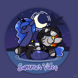Size: 1000x1000 | Tagged: safe, artist:sugar morning, princess luna, oc, oc:moonshine, inflatable pony, g4, alcohol, animated, aviator sunglasses, clothes, commission, drink, eyes closed, floating, gif, gloves, hawaiian shirt, inflatable, inflatable alicorn, inflatable toy, latex, latex gloves, latex socks, latex stockings, moon, night, ocean, palm tree, piercing, pool toy, relaxing, rocking, shirt, socks, stars, stockings, sugar morning's summer vibes, summer, sunglasses, thigh highs, tree, ych result