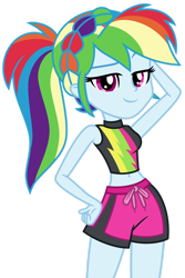 Size: 1024x1536 | Tagged: safe, artist:emeraldblast63, rainbow dash, human, equestria girls, equestria girls specials, g4, my little pony equestria girls: better together, my little pony equestria girls: forgotten friendship, alternate hairstyle, arm behind head, belly button, clothes, dreamworks face, female, hand on hip, simple background, sleeveless, smiling, solo, swimsuit, transparent background, vector