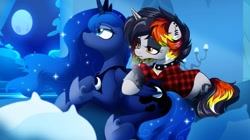 Size: 719x402 | Tagged: safe, artist:dormin-dim, princess luna, oc, oc:moonshine, alicorn, pony, unicorn, g4, bed, bedroom, butt, canon x oc, choker, clothes, collar, comforting, concerned, confident, couple, crown, eyeshadow, female, flannel, flannel shirt, hoof on thigh, jewelry, lesbian, lying down, lying on bed, makeup, moon, moonbutt, night, on bed, peytral, piercing, regalia, shipping, shirt, shoes, spiked choker, stars, stockings, thigh highs, thousand yard stare