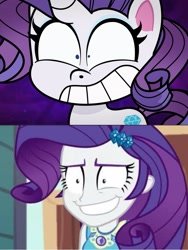Size: 1717x2289 | Tagged: safe, edit, screencap, rarity, pony, unicorn, bad thing no. 3, equestria girls, equestria girls series, g4, g4.5, my little pony: pony life, rollercoaster of friendship, comparison, crazy face, faic, female, geode of shielding, grin, insanity, magical geodes, mare, pony life interpretation, same energy, smiling, solo