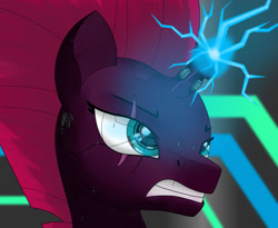 Size: 1280x1048 | Tagged: safe, artist:zocidem, tempest shadow, pony, unicorn, g4, augmented, charging, cyberpunk, eye scar, gritted teeth, horn, lightning, magic, magic weapon, scar, solo, tempest gets her horn back