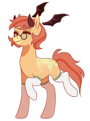 Size: 1024x1378 | Tagged: safe, artist:lynesssan, oc, oc only, oc:soda pop, earth pony, pony, bat wings, clothes, female, floating wings, glasses, horns, mare, simple background, socks, solo, transparent background, wings