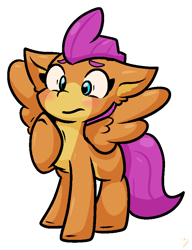 Size: 662x863 | Tagged: safe, artist:zutcha, smolder, pegasus, pony, g4, blue eyes, colored ears, cute, dragon to pony, eyebrows, eyelashes, female, not scootaloo, pale belly, ponified, pony smolder, signature, simple background, smolderbetes, solo, species swap, standing, transparent background