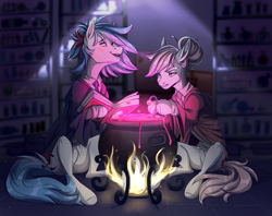 Size: 2633x2087 | Tagged: safe, artist:1an1, nurse redheart, oc, oc:clairvoyance, earth pony, pony, g4, blackletter, book, cauldron, clothes, duo, fire, high res, open mouth, sitting, stirring, teeth