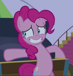 Size: 524x543 | Tagged: safe, screencap, pinkie pie, earth pony, pony, g4, the summer sun setback, belly, bipedal, cropped, grin, nervous, nervous smile, round belly, smiling, solo