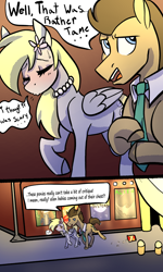Size: 2000x3334 | Tagged: safe, artist:b(r)at, derpy hooves, doctor whooves, time turner, oc, earth pony, pegasus, pony, comic:date night!, g4, comic, female, flower, flower in hair, high res, jewelry, male, mare, necklace, necktie, pearl necklace, ship:doctorderpy, shipping, stallion, straight