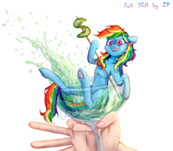 Size: 1280x1114 | Tagged: safe, artist:zero-paint, rainbow dash, human, pegasus, pony, g4, cup, cup of pony, drink, female, frog (hoof), hand, mare, martini glass, micro, simple background, solo, tongue out, transparent background, underhoof, wingless