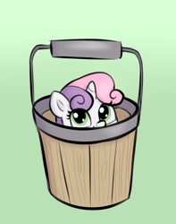 Size: 1492x1892 | Tagged: safe, artist:heretichesh, sweetie belle, pony, unicorn, g4, bucket, cute, diasweetes, female, filly, green background, silly, silly pony, simple background, solo, soon