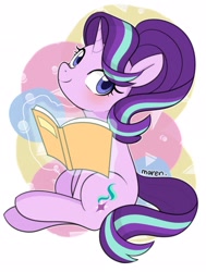 Size: 1551x2048 | Tagged: safe, artist:ch-chau, artist:maren, starlight glimmer, pony, unicorn, g4, blushing, book, cute, female, glimmerbetes, glowing horn, horn, looking at you, magic, sitting, smiling, solo