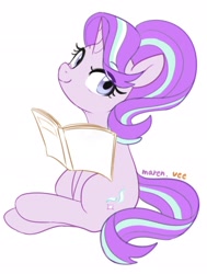 Size: 1551x2048 | Tagged: safe, artist:veeayydee, starlight glimmer, pony, unicorn, g4, book, simple background, sitting, solo, white background
