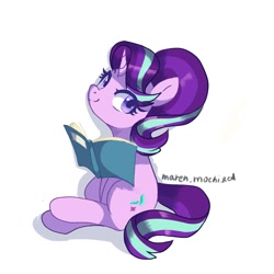 Size: 1280x1280 | Tagged: safe, artist:candy_5756, artist:maren, starlight glimmer, pony, unicorn, book, simple background, sitting, solo, white background