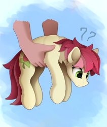 Size: 1810x2140 | Tagged: safe, artist:yakovlev-vad, roseluck, earth pony, human, pony, behaving like a cat, confused, cute, cuteluck, disembodied hand, female, hand, holding a pony, it's dangerous to go alone, mare, offscreen character, question mark, rosabetes, rosepet