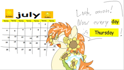 Size: 1790x1018 | Tagged: safe, artist:skookz, oc, oc only, oc:thursday, earth pony, pony, 4chan, calendar, cloak, clothes, female, flower, flower in hair, implied anon, looking at you, looking back, looking back at you, mare, simple background, solo, speech bubble, sunflower, text, thursday, weekday ponies, white background, wingding eyes