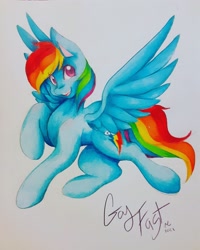 Size: 1638x2048 | Tagged: safe, artist:mscolorsplash, rainbow dash, pegasus, pony, g4, backwards cutie mark, female, mare, open mouth, solo, spread wings, traditional art, wings