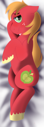 Size: 2100x6000 | Tagged: safe, artist:dicemarensfw, big macintosh, earth pony, pony, g4, bed, cute, dakimakura cover, freckles, high res, looking at you, lying down, lying on bed, macabetes, male, on bed, sexy, smiling, smiling at you, smirk, solo, stallion