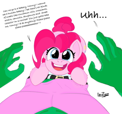 Size: 3702x3462 | Tagged: safe, artist:datzigga, pinkie pie, oc, oc:anon, earth pony, human, pony, g4, cute, dialogue, diapinkes, high res, looking at you, looking up, looking up at you, offscreen character, pov, text
