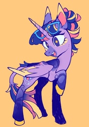 Size: 906x1289 | Tagged: safe, artist:cuctopus, twilight sparkle, alicorn, pony, g4, alternate design, colored wings, colored wingtips, glasses, leonine tail, open mouth, smiling, solo, twilight sparkle (alicorn), wingding eyes