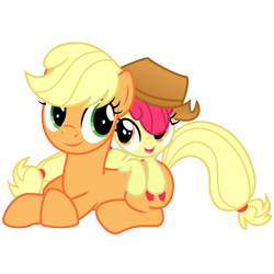 Size: 500x500 | Tagged: safe, artist:ashidaru, apple bloom, applejack, earth pony, pony, g4, accessory swap, adorabloom, apple sisters, applejack's hat, cowboy hat, cute, female, filly, hat, jackabetes, looking at each other, lying down, lying on top of someone, mare, open mouth, open smile, prone, siblings, simple background, sisters, smiling, transparent background