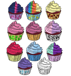 Size: 260x280 | Tagged: safe, artist:pacmanplayz, apple bloom, applejack, fluttershy, rainbow dash, rarity, scootaloo, starlight glimmer, sweetie belle, trixie, twilight sparkle, g4, cupcake, cutie mark crusaders, food, mane six, rainbow cupcake