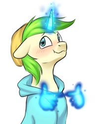 Size: 514x657 | Tagged: safe, artist:megabait, oc, oc only, oc:markov, pony, unicorn, 4chan, blue hoodie, blushing, bust, fingers together, glowing, glowing horn, green hair, green mane, horn, is for me, looking at you, magic, magic aura, meme, simple background, solo, unicorn oc, white background, yellow coat, yellow hat