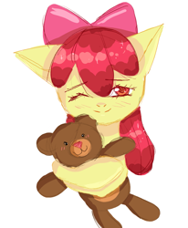 Size: 1469x1784 | Tagged: artist needed, safe, apple bloom, earth pony, pony, g4, blushing, female, filly, one eye closed, smiling, solo, teddy bear, wink