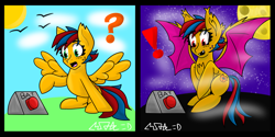 Size: 8267x4133 | Tagged: safe, artist:max rider, oc, oc only, oc:firestorm metallic, bat pony, pegasus, pony, absurd resolution, bat pony oc, button, curious, day, eye clipping through hair, eyebrows, eyebrows visible through hair, female, fur, mare, moon, night, open mouth, open smile, pegasus oc, smiling, solo, surprised, transformation