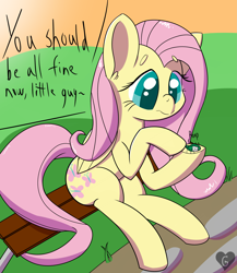 Size: 3479x4000 | Tagged: safe, artist:gnashie, fluttershy, beetle, insect, pegasus, pony, g4, bandage, bench, boop, cute, daaaaaaaaaaaw, dialogue, shyabetes, sitting, smiling, text