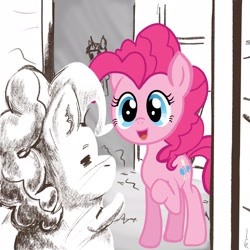 Size: 2048x2048 | Tagged: safe, artist:catscratchpaper, pinkie pie, earth pony, pony, g4, duo focus, high res, mirror, self ponidox, take on me