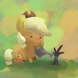 Size: 1024x1024 | Tagged: safe, artist:catscratchpaper, applejack, earth pony, pony, g4, abstract background, mouth hold, solo, tree, watering can