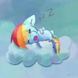 Size: 2048x2048 | Tagged: safe, artist:catscratchpaper, rainbow dash, pegasus, pony, g4, cloud, high res, lying down, lying on a cloud, on a cloud, onomatopoeia, solo, sound effects, zzz