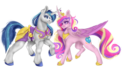 Size: 1280x790 | Tagged: safe, alternate version, artist:copshop, princess cadance, shining armor, pony, g4, concave belly, female, fit, horn, horns are touching, looking at each other, male, muscles, nudity, sheath, ship:shiningcadance, shipping, simple background, slender, straight, thin, transparent background
