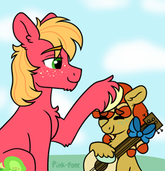 Size: 1400x1450 | Tagged: safe, artist:pink-pone, big macintosh, oc, oc:rye wheat, pony, g4, banjo, bow, colt, father and child, father and son, freckles, head pat, male, musical instrument, offspring, parent:big macintosh, parent:tree hugger, parents:treemac, pat, unshorn fetlocks