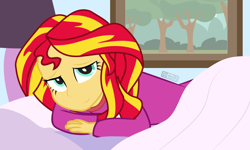 Size: 1000x600 | Tagged: safe, artist:dm29, sunset shimmer, equestria girls, g4, bed, clothes, cute, good morning, in bed, pajamas, shimmerbetes, smiling, solo