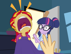 Size: 1320x1000 | Tagged: safe, artist:dm29, sci-twi, sunset shimmer, twilight sparkle, equestria girls, g4, back to the future part 2, baseball bat, clothes, emanata, offscreen character, pajamas, pov, screaming, sleepover, slumber party, uvula, volumetric mouth, yelling