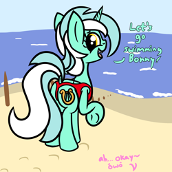 Size: 2000x2000 | Tagged: safe, artist:dafiltafish, bon bon, lyra heartstrings, sweetie drops, pony, unicorn, comic:day by day, g4, beach, clothes, dialogue, female, high res, implied bon bon, lesbian, ocean, one-piece swimsuit, open-back swimsuit, ship:lyrabon, shipping, swimsuit