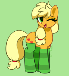 Size: 4176x4640 | Tagged: safe, artist:kittyrosie, applejack, earth pony, pony, g4, absurd resolution, blushing, clothes, cute, female, freckles, green background, hatless, jackabetes, mare, missing accessory, one eye closed, open mouth, open smile, redraw, simple background, smiling, socks, solo, starry eyes, stockings, striped socks, thigh highs, wingding eyes, wink