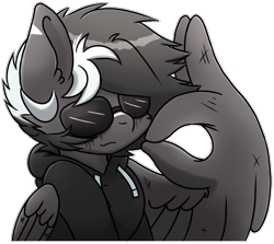 Size: 942x839 | Tagged: safe, artist:pasteldraws, oc, oc only, oc:dark storm, pegasus, pony, base used, clothes, hoodie, simple background, solo, sticker style, sunglasses, transparent background, wing hands, wings