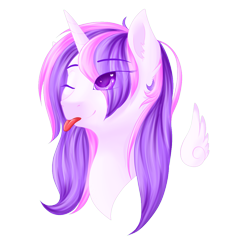 Size: 1000x1067 | Tagged: safe, artist:schokocream, oc, oc only, alicorn, pony, :p, alicorn oc, bust, eye clipping through hair, female, floating wings, horn, mare, solo, tongue out, wings