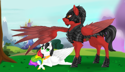 Size: 4950x2858 | Tagged: safe, artist:schokocream, oc, oc only, oc:lightning bliss, oc:toonkriticy2k, alicorn, pony, alicorn oc, armor, cute, duo, female, horn, lying down, male, mare, ocbetes, one wing out, outdoors, prone, stallion, wings