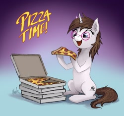 Size: 1920x1796 | Tagged: safe, artist:magfen, oc, oc only, oc:flower star, pony, unicorn, commission, female, food, glasses, mare, meat, open mouth, pepperoni, pepperoni pizza, pizza, sitting up, solo, ych result