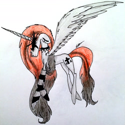 Size: 2369x2359 | Tagged: safe, artist:beamybutt, oc, oc only, alicorn, pony, alicorn oc, choker, clothes, eyelashes, female, high res, horn, mare, signature, socks, solo, spiked choker, striped socks, traditional art, wings